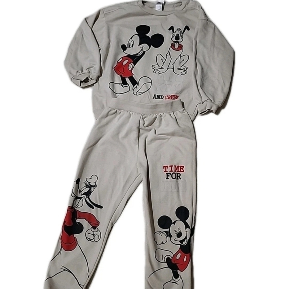 Disney Beige Mickey & Pluto Pajama Set with Red Accents